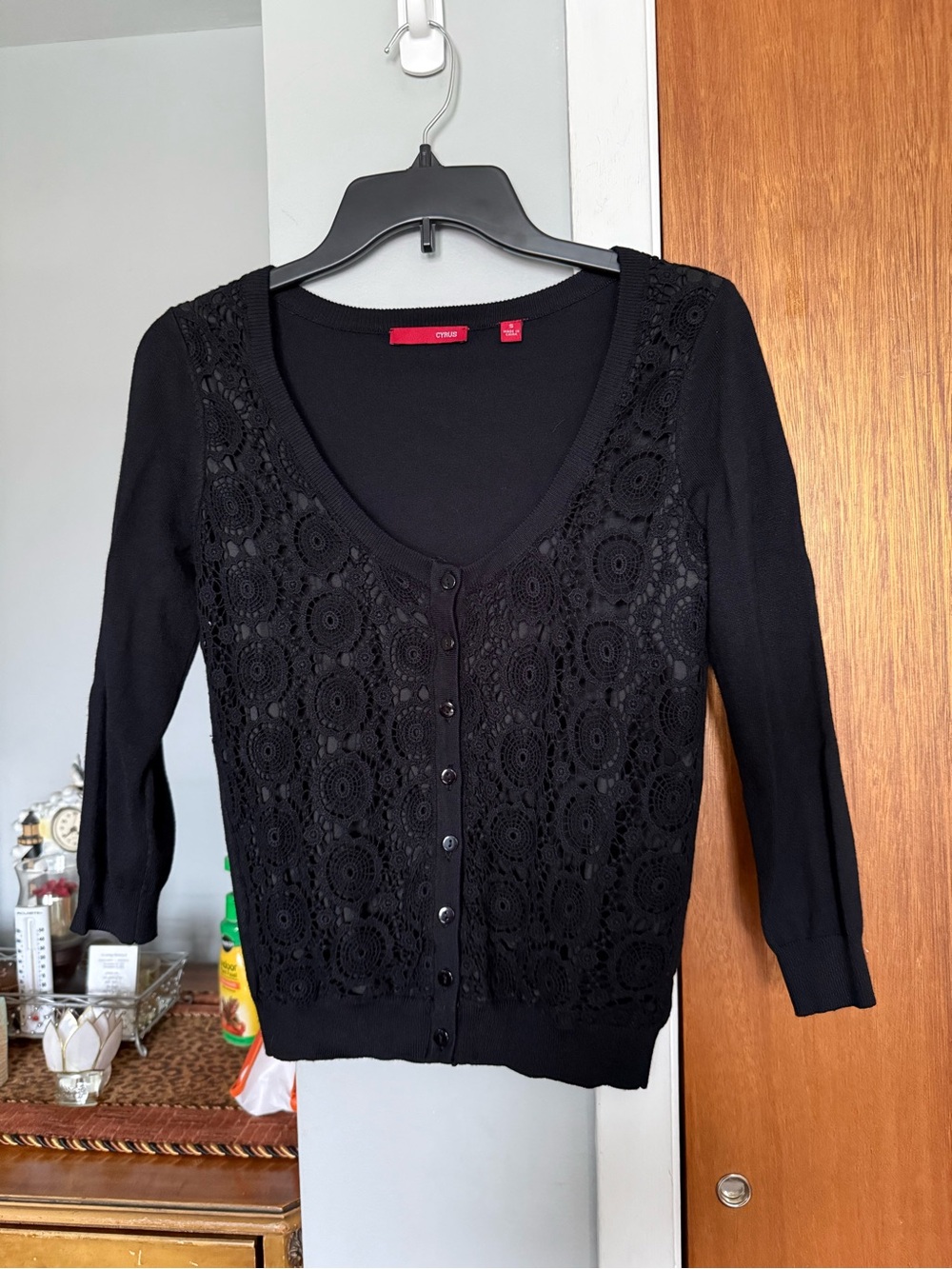 Cyrus Black Crochet Front Button Cardigan Sweater